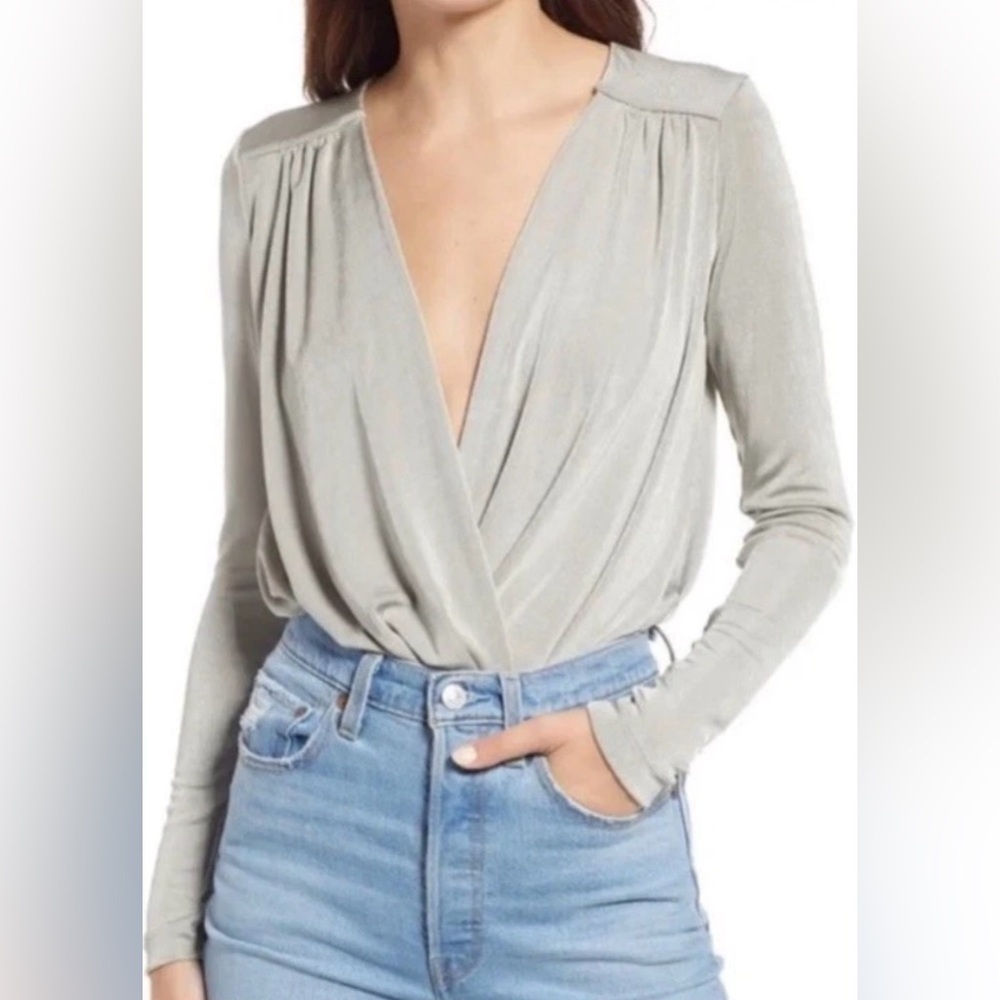 Free People Intimately Turnt Drapey Bodysuit in Oxide SIlver Longsleeve V Neck